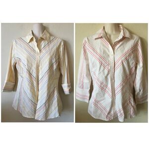 Lot Of 2 Merona Diagonal Striped Collared 3/4 Sleeve Button Up Blouse Size S